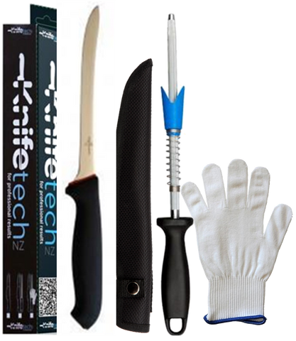 Filleting Knife, VSharpner, Sheath and Cut Resistant Glove Gift Set