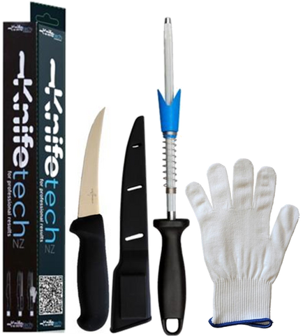 Boning or Sticking Knife, Sheath, VSharpener and Cut Resistant Glove Set